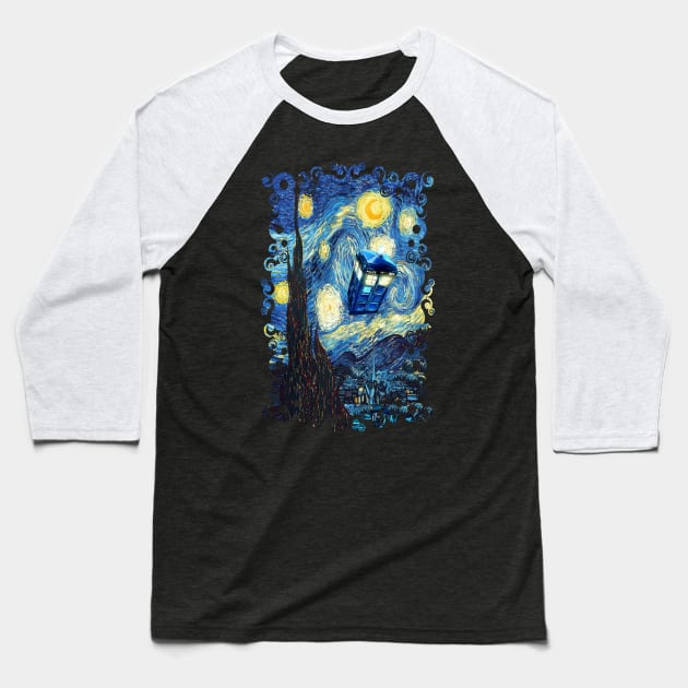 Blue Phone booth starry the night Baseball T-Shirt by Dezigner007